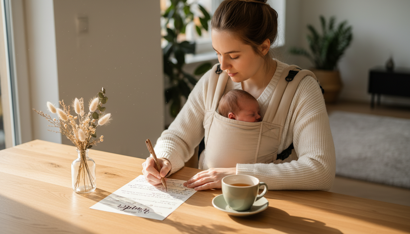 Bild von einer Frau mit einem Baby, die einen Brief aus der "Liebesbriefe an mein Kind" Box schreibt