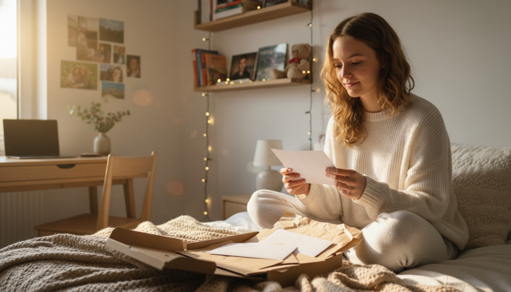 Bild von einem Teenager mit einem Brief aus der Liebesbriefe an mein Kind Box in der Hand. Die Eltern haben Erinnerungen für ihr Kind festgehalten.