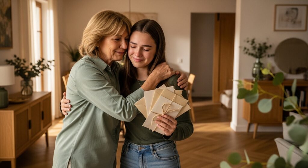 Bild von einer Großmutter, die ihr Enkelkind umarmt. Das Enkelkind hält von der Oma geschriebene Briefe in der Hand