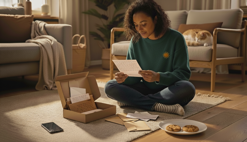 Eine Frau liest einen von ihr geschriebenen Brief und ist dabei sichtlich gerührt