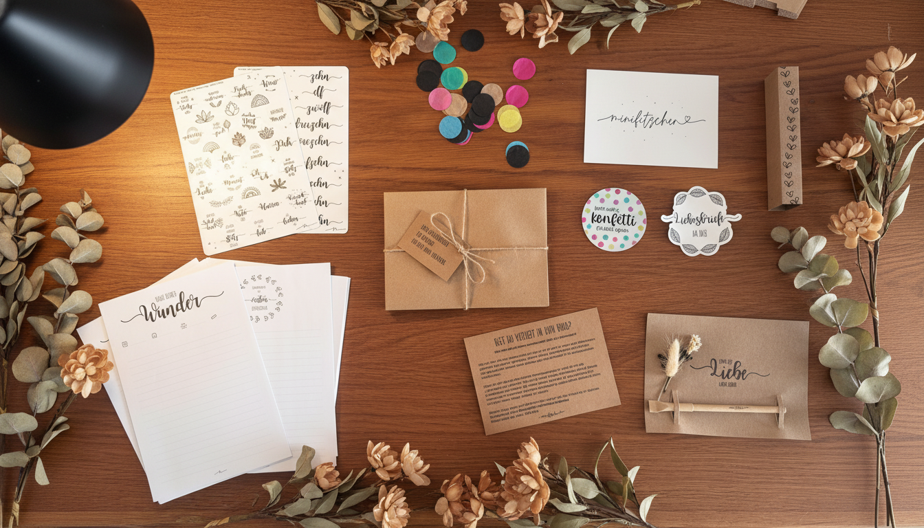 Hier siehst du, was alles in der Liebesbriefe an mein Kind Box enthalten ist. Briefpapier, Umschläge, Stift, Sticker uvm.